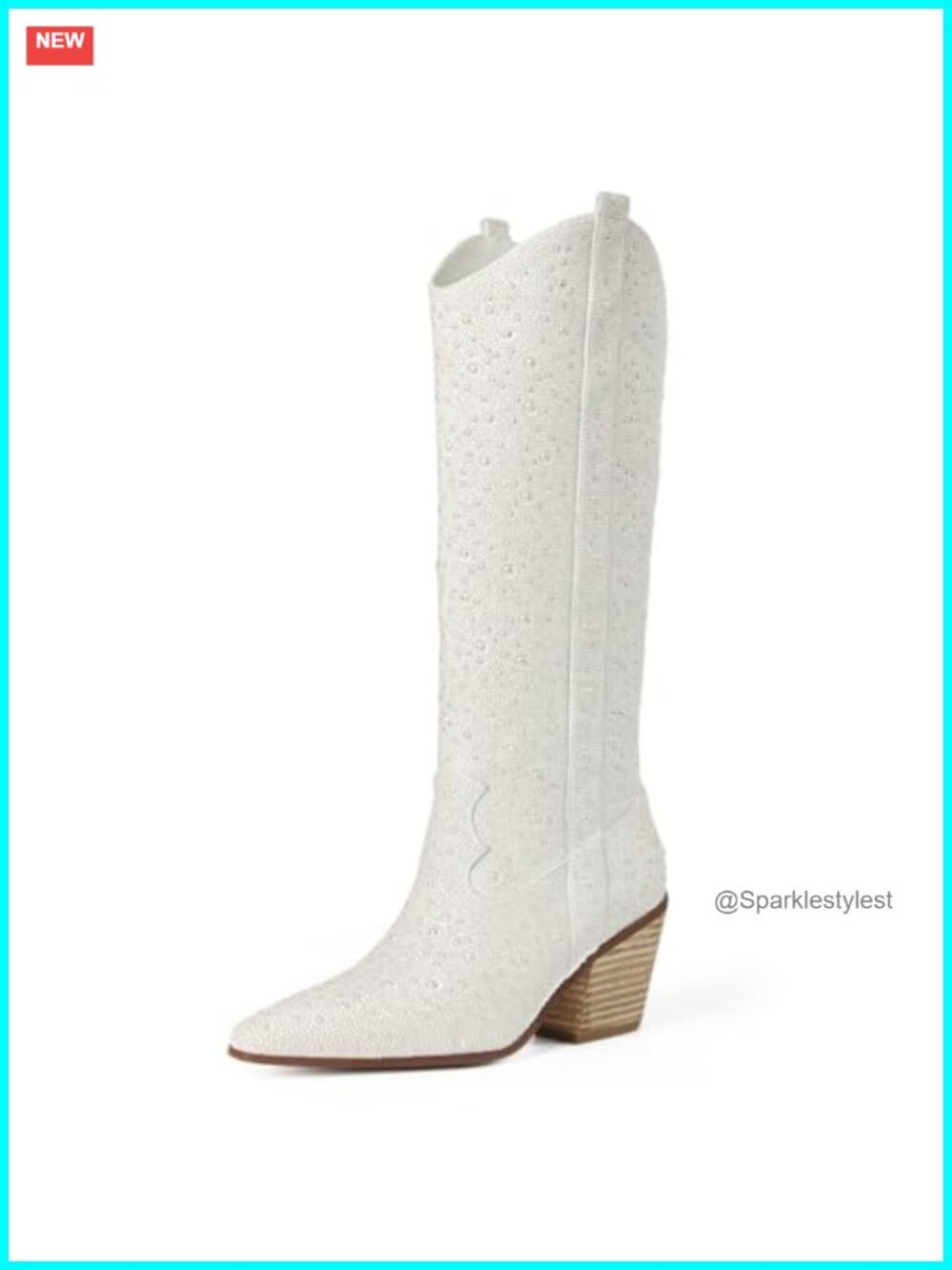 Rhinestone Mid Calf Western Boots Sparkly Block Heel Suede